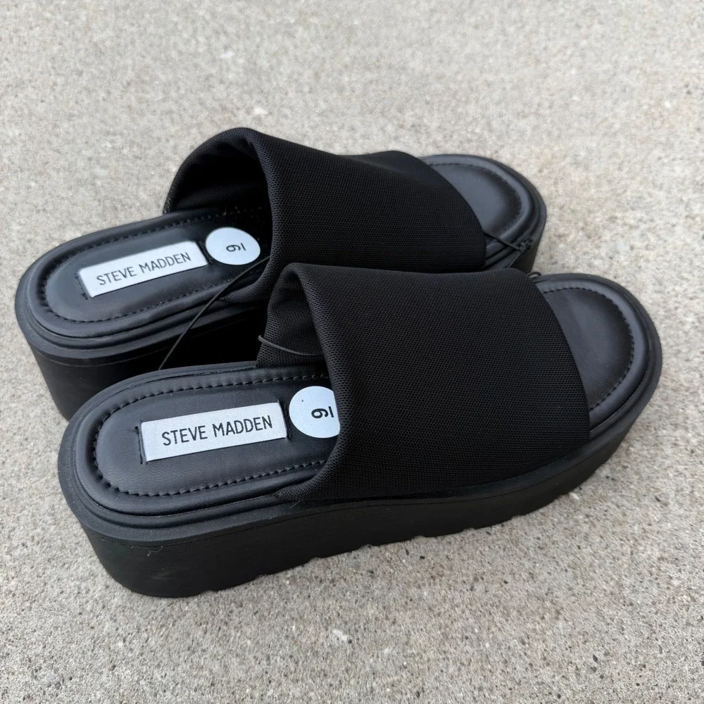 Steve Madden Overjoyed Black Platform Slide Wedge Sandals Sz 9 Chunky Lug Sole